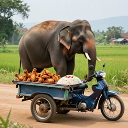 “ an elephant selling fried chicken wings and sticky rice with a motorcycle cart in rural thailand. masterpiece. trending on artstation ”