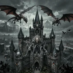 Horde of the undead, with the faces of Gollum, attacks the castle, top view, flying dragons,