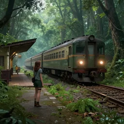 Matte painting art of girl standing at the old train station looking to the train, old train heading to station with lights on, fantasy dense forest with a lot of detail, the tracks covered with vegetation, highly detailed, 4k, 8k resolution, trending on artstation, octane render, unreal engine, cinematic
