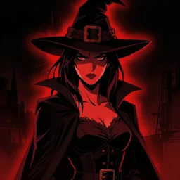 cell shaded, portrait of a woman magician, dark background, dramatic bold lighting, solid colors and blacks, thick line art, dark shadows, sharp edges, artstation, photoshop, trending, bloom, grunge, high contrast, comic, graphic novel, dark background, digital 2 d, artstation, marcin sobon, outline, city of mist rpg