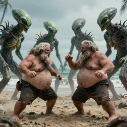 photo, friends, man two old hairy fat ugly men! fighting alien monsters 4 0 5 4 7 on a beach, highly detailed, scary, intricate details, volumetric lighting, front view