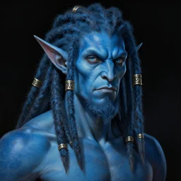 portrait of a blue skin genasi with a square jaw from d & d by greg rutkowski, dreadlocks and small beard, tempest priest, runic rings, d & d character, blue, black background, highly detailed portrait, digital painting, artstation, concept art, smooth, sharp foccus ilustration, artstation hq