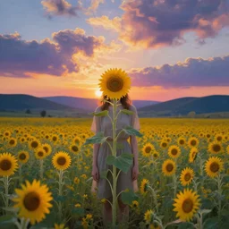 girl with a sunflower face, surreal photography, bizzare, dreamlike, otherworldly, standing in flower field, in a valley, sunrise dramatic light, impressionistic painting, colorful clouds, artstation, simon stalenhag