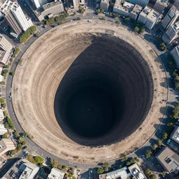 giant _ circular _ hole _ in _ ground of city, _ aerial _ view _ very _ deep,