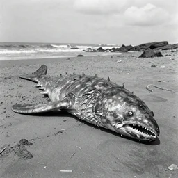 vintage black and white photo of a giant unknown sea creature that washed ashore