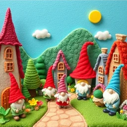 cute vibrant felt town with happy gnome villagers
