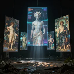 futuristic holographic displays in the style of peter mohrbacher, wayne barlowe, gustav moreau, bussiere, roberto ferri, santiago caruso, luis ricardo falero, austin osman spare,