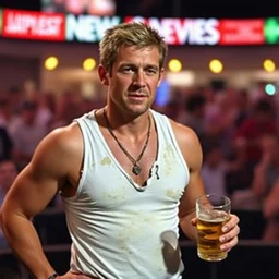 the local news sports guy wearing a tattered white tanktop during a live broadcast, visibly drunk