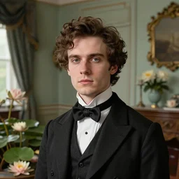 detailed studio portrait of a young victorian man in a beautiful victorian room, water lilies, high quality by jeremy mann, only one head single portrait