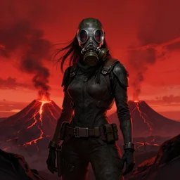 a gas masked woman in volcano, red sky, sunset, eerie, scary, digital art made by Stanley Artgerm Lau, WLOP, Rossdraws, James Jean, Andrei Riabovitchev, Marc Simonetti, Yoshitaka Amano, ArtStation, CGSociety