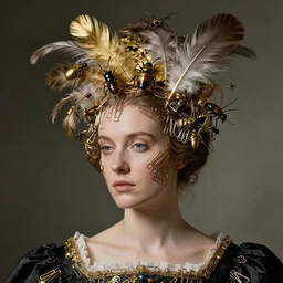 a woman with a weird golden head piece on her head, a flemish Baroque by Alexander McQueen, trending on pinterest, hyper realistic vfx simulation, made of paperclips, made of insects, made of feathers,