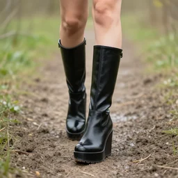 a photo of a woman walks trough muddy nature in her shiny black platform boots, wedge heel, chunky , close up of her feet and legs, 8k