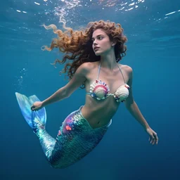 beautiful mermaid with long curly hair, swimming in the ocean, seashells as bra, colorful magical details, magical atmosphere, cinematic lighting, hyper - detailed, cgsociety, 8 k, high resolution, in the style of charlie bowater, tom bagshaw, alexis franklin, elena masci, pawel rebisz