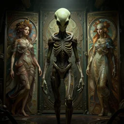 alien backroom, dramatic lighting, octane render, ultra complex, unreal engine, 4 k, art by artgerm and greg rutkowski and alphonse mucha