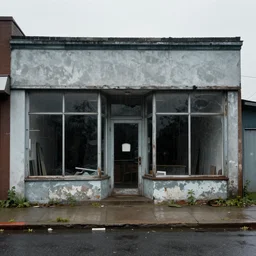 an abandoned store's exterior in the middle of nowhere, by helen levitt, ultra detailed, rainy, beautiful