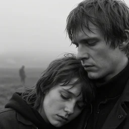 award winning photo of some despair as joachim trier would depict it, he resembles brendan yates from the band turnstile, he borrows your dreams, photo, black and white, the background is a distant memory, insanely detailed, close up, foggy like in norwegian black metal aesthetic