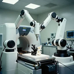 a complex bifurcated robotic cnc surgical arm hybrid mri 3 d printer machine making black and white ceramic mutant forms in the laboratory inspection room, film still from the movie directed by denis villeneuve with art direction by salvador dali, wide lens