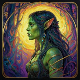 side profile centered painted portrait, female orc forest druid, small mouth tusks, green skin, d & d, gloomhaven, matte painting concept art, art nouveau, beautifully backlit, swirly vibrant color lines, fantastically gaudy, aesthetic octane render, 8 k hd resolution, by ilya kuvshinov and cushart krentz and gilleard james