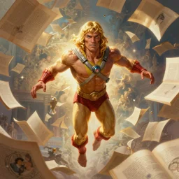 He-Man!!!! flying through scattered book pages, romantic painting, elegant intricate digital painting artstation concept art by Mark Brooks and Brad Kunkle detailed