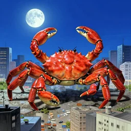 a huge mechanical crab in the middle of a city, blue moon shining in sky, engraving, artstation, concept art, smooth, sharp focus, vivid grunge, manga, illustration, unreal engine 5, 8 k, wide angle, by joaquin sorolla rhads leyendecker, by ohara koson and thomas kinkade, traditional japanese colors, superior quality, masterpiece