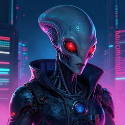 a cyberpunk alien, a character portrait, synthwave by art artgerm, cg society contest winner, shock art, sci-fi, artstation hq, speedpainting