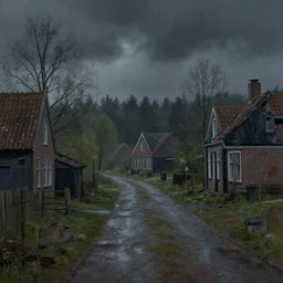 i walk through dilapidated fallout 5 holland, dutch rural town, desolate street, dilapidated country houses. forest in background, volumetric lighting, rain, spring night, dark overcast weather, realistic illustration, perfectly shaded, soft painting, art by krenz cushart and wenjun lin