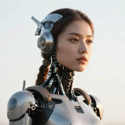 beautiful Fine art photography portrait of a solarpunk part robot part human girl with real human face, white background, highly detailed, photorealism, sunset lighting 8k