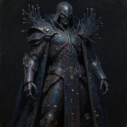 dark cyborg armour cloak being made of intricate complex circuitry and microchips, iridescent, warrior assassin, black body, colorful, intricate linework, gothic baroque, intimidating, magical, realistic oil painting, artstation, rutkowski, wlop, chebokha, artgerm