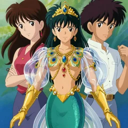 professionally painted portrait of a colorful anime celestial merman with a fish body, wearing an elegant peacock shirt top with transparent bubble sleeves, golden gloves, and golden jewelry and gems everywhere, art by yuji ikehata and satoshi kon, background art by miyazaki, proper human proportions, vhs