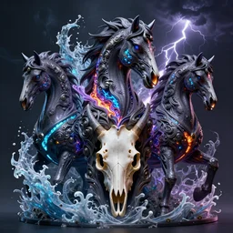 3 d ornate carved dark cosmic horse with profile portrait, sigma 5 0 0 mm f / 5. beautiful intricate highly detailed horse skull. bioluminescent, plasma, lava, ice, water, wind, creature, thunderstorm! artwork by tooth wu and wlop and beeple and greg rutkowski, 8 k trending on artstation
