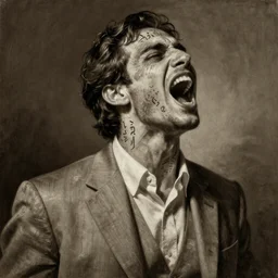 photorealistic sepia painting of a single screaming male in a grey suit, nabatean aramaic tattoos on his skin, atmospheric lighting, by clyde caldwell, dark, brooding, painted, intricate, ultra detailed, well composed, best on artstation, cgsociety, epic, stunning, gorgeous, intricate detail, much wow, masterpiece, cinematic aesthetic octane render, 8 k hd resolution,