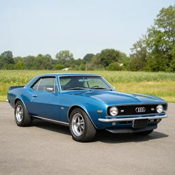 denim blue audi camaro b 1 ( 1 9 6 7 ), restomod, establishing shot