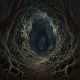 beautiful painting of a dark cave landscape surrounded by tree roots, fantasy, digital art, trending on artstation