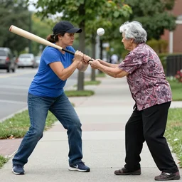 Jerma hitting a grandma with a baseball bat on the sidewalk