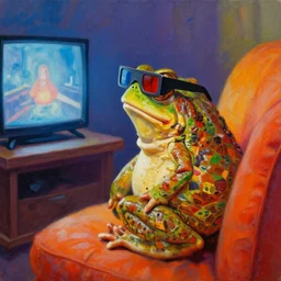 hyper realistic oil painting of toad watching a tv movie on the couch, vibrant colors, wearing 3 d glasses, high contrast, by greg rutkowski, trending on artstation
