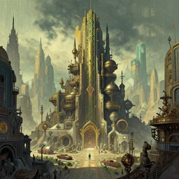 A steampunk city, art by James Jean and Wayne Barlowe, art deco