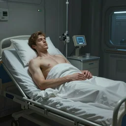 concept art by greg rutkowski, very tall and slender young man waking up in a hospital bed, futuristic and high - tech setting but desolate and dimly lit, scifi, highly detailed portrait, digital painting, artstation, concept art, smooth, sharp foccus ilustration, artstation hq