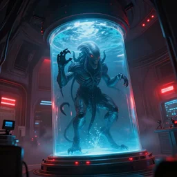 off angle view of cthulhu lovecraft alien monster trapped inside a large tube transparent science fiction mass effect glass containment chamber filled with blue liquid in a furnished science fiction spaceship laboratory, dramatic lighting, octane, red led lights, lens flare, trending on artstation, mist, volumetric lighting
