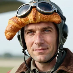 closeup portrait of flying croissant, french pilot flying a croissant. photograph, natural light, sharp, detailed face, magazine, press, photo. steve mccurry, david lazar, canon, nikon, focus