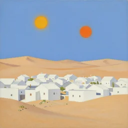 a beautiful painting of a village in the desert, white houses, two suns, by simon stalenhag