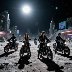 street photo of sci-fi cyberpunk bikers, on the Moon, long shadows, in a Russian cyberpunk city called Neo Norilsk, pitch black sky with stunning bright stars, bright sun, high contrast, diverse outfits, lively, freaky, black sky full of stars, LEDs, holograms, blinding bright sun, sci-fi, cyberpunk outfits, photorealistic, grainy, 35mm, intricate, very very beautiful, elegant, smooth, cinematic, Unreal Engine 5, by Beeple