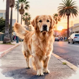 golden retriever dog walking in tel aviv street looking at the camera. palm trees. sunset. high quality. digital art. watercolor. highly detailed. drawing. art. colorful. fluffy