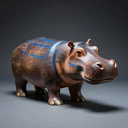 a photo of a model hippo made of repurposed brown wood composite mixed with straight lines blue epoxy resin, dramatic lighting, studio zeiss 1 5 0 mm f 2. 8 hasselblad, award - winning photo