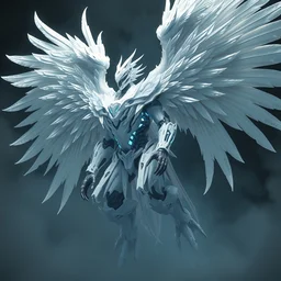 white machine feathers flowing surrounding white azure armored core mech, massive flowing machine wing and machine feathers swirling, rotating, spinning interwoven armored core, massive flowing machine wing and machine feathers cinematic still, dark atmosphere, smog, in the flow of time, slow motion,, endoskeleton, post processing, vray render, ultra detailed, trending on artstation, 8 k,