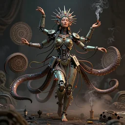 an immaculate render of a dancing mystical tribal goddess adorned with robotic scrap and cables and synthesizer parts is surrounded by wild tentacles made from mandalas and incense smoke, full body, perfect face, powerful, cinematic, beautifully lit, by artgerm, by karol bak, 3 d, trending on artstation, octane render, 8 k
