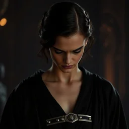 movie still of daisy ridley as sith empress wearing a black satin robe and metal belt with dark eyeliner make - up as if she was crying, sweaty, detailed eyes, neutral expression, shallow depth of field, photorealistic, cinematic lighting, lovely bokeh, dark moody light, strong rim light, movie quality, star wars