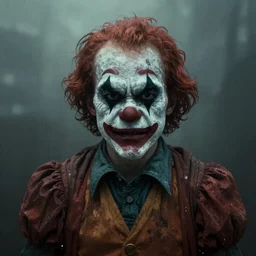 portrait of an angry clown by Sean Yoro and Chie Yoshii, dark, moody, foggy, gloomy, high details, washed colors
