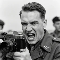 hermann goring screaming into the camera, taken on a ww 2 camera, highly detailed, black and white.
