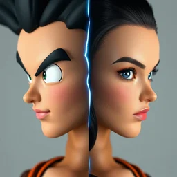 symmetrical bilateral half split portrait, son goku, natalie portman, 3 d cg, octane render, studio lightning