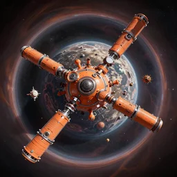 Orange amp space station, kim jung gi style, Greg Rutkowski, Zabrocki, Karlkka, Jayison Devadas, trending on Artstation, 8K, ultra wide angle, zenith view, pincushion lens effect